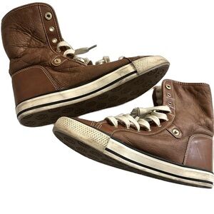 Tory Burch Benjamin Sneakers Brown Leather Fur Lined High Top Shoes Size 9